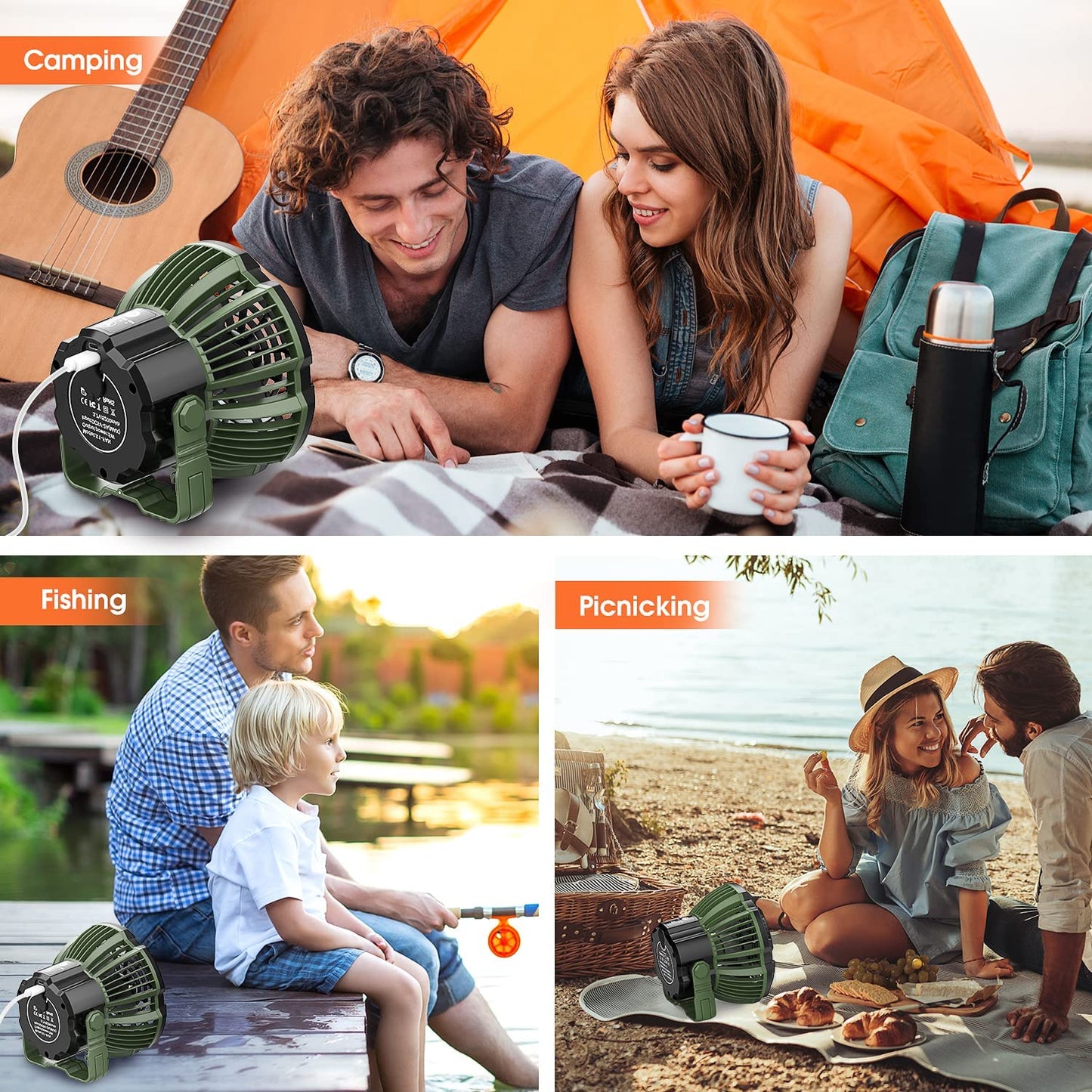 180°Head Rotation Camping Fan with LED Lantern USB Fan Outdoor Battery Powered Fan for Outdoor, Indoor, Office