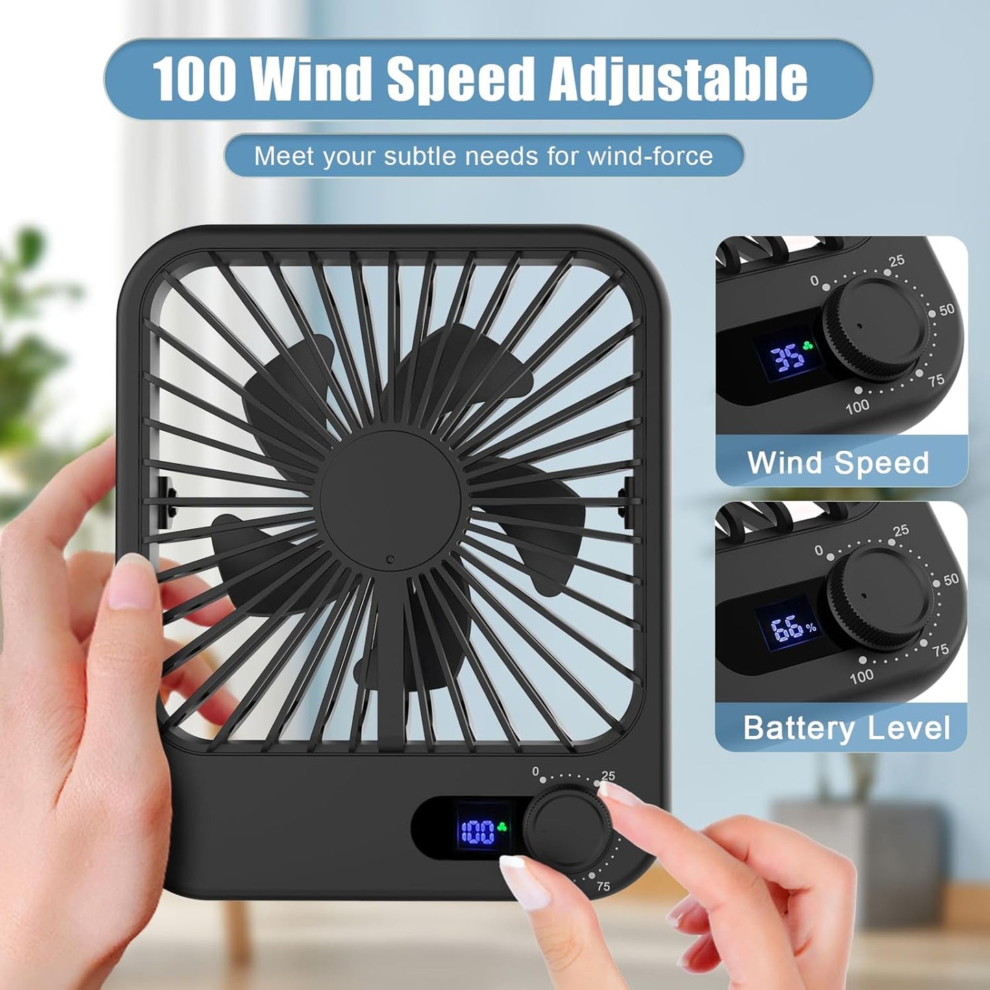 100 Speed Battery Operated Personal Fan With Digital Display 180°Tilt Small Fan for Travel, Desk Bedroom Office Home Outdoor