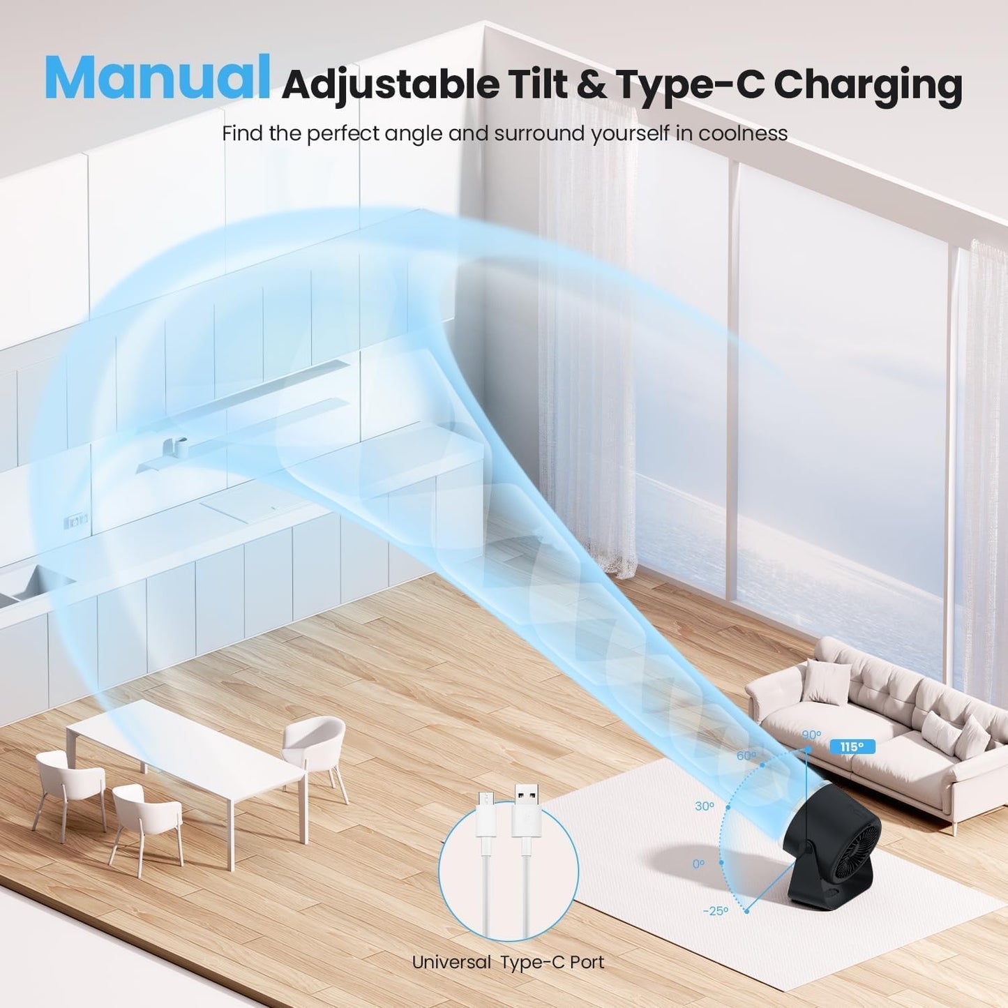 115° Adjustable Tilt 100 Speeds Rechargeable Battery USB-Powered Small Desk Fan 28dB Ultra-Quiet Desktop Air Circulator Portable for Bedroom, Office, Kitchen, Travel