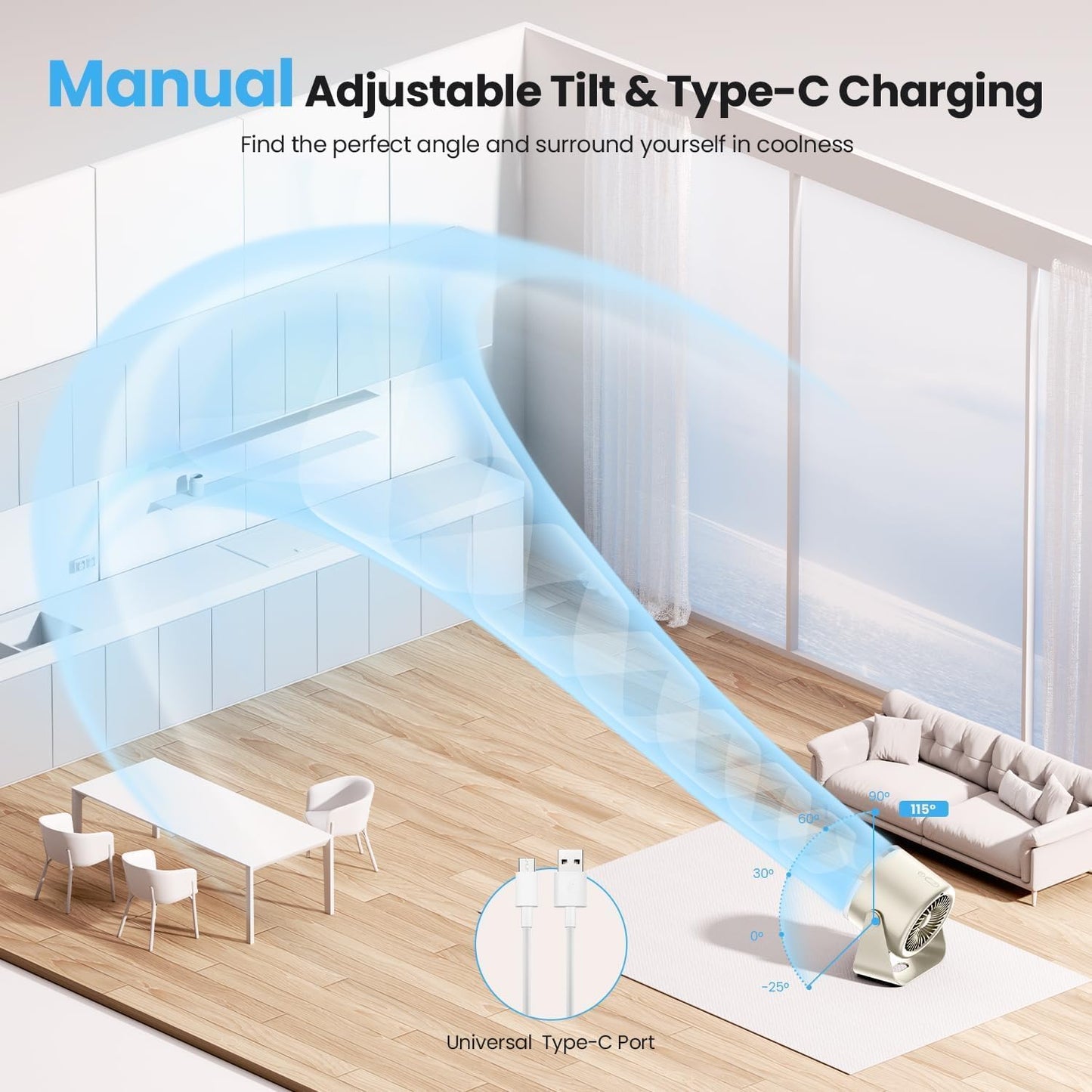115° Adjustable Tilt 100 Speeds Rechargeable Battery USB-Powered Small Desk Fan 28dB Ultra-Quiet Desktop Air Circulator Portable for Bedroom, Office, Kitchen, Travel