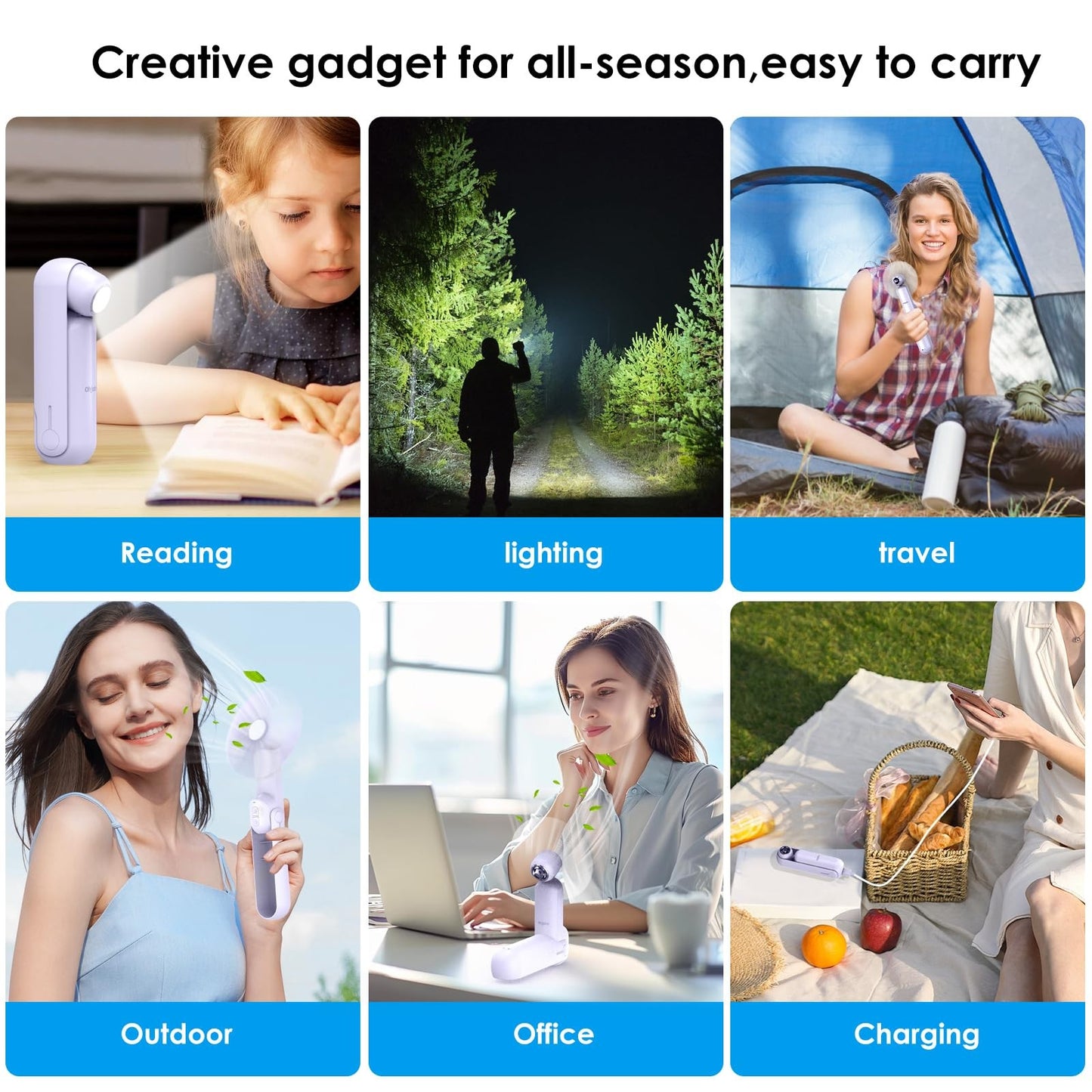 4 IN 1 Multifunction Mini Handheld Fan USB Portable Rechargeable Small Pocket Fan with Power Bank, Flashlight and Cell Phone Stands for Travel/Summer/Concerts/gifts