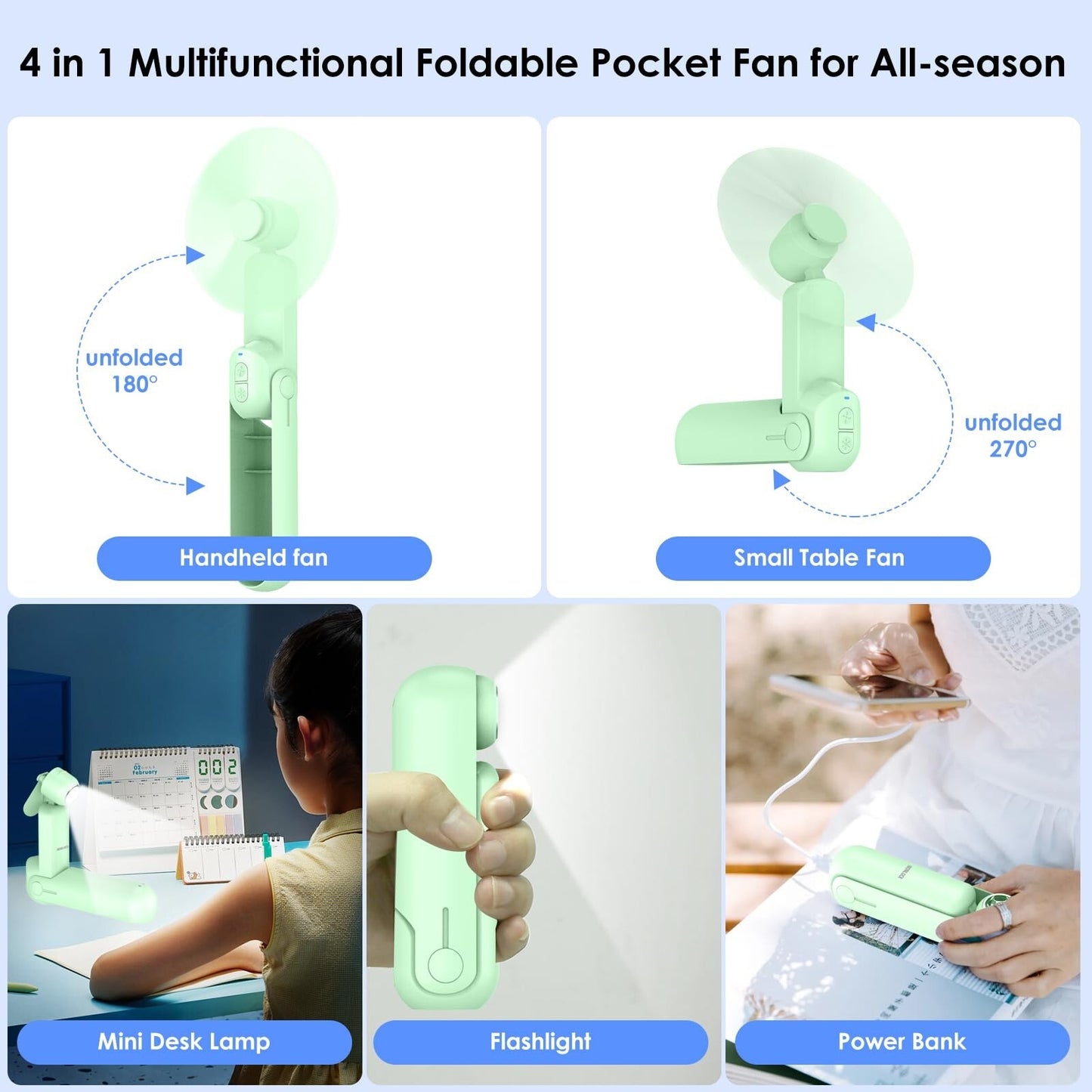 4 IN 1 Multifunction Mini Handheld Fan USB Portable Rechargeable Small Pocket Fan with Power Bank, Flashlight and Cell Phone Stands for Travel/Summer/Concerts/gifts