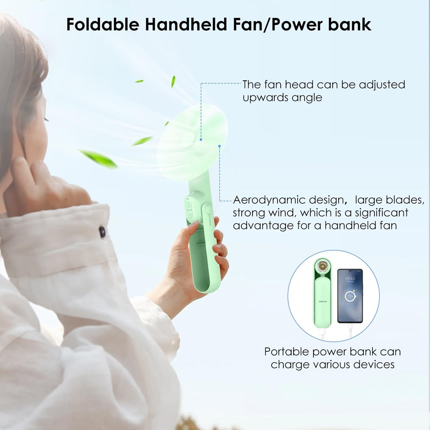 4 IN 1 Multifunction Mini Handheld Fan USB Portable Rechargeable Small Pocket Fan with Power Bank, Flashlight and Cell Phone Stands for Travel/Summer/Concerts/gifts