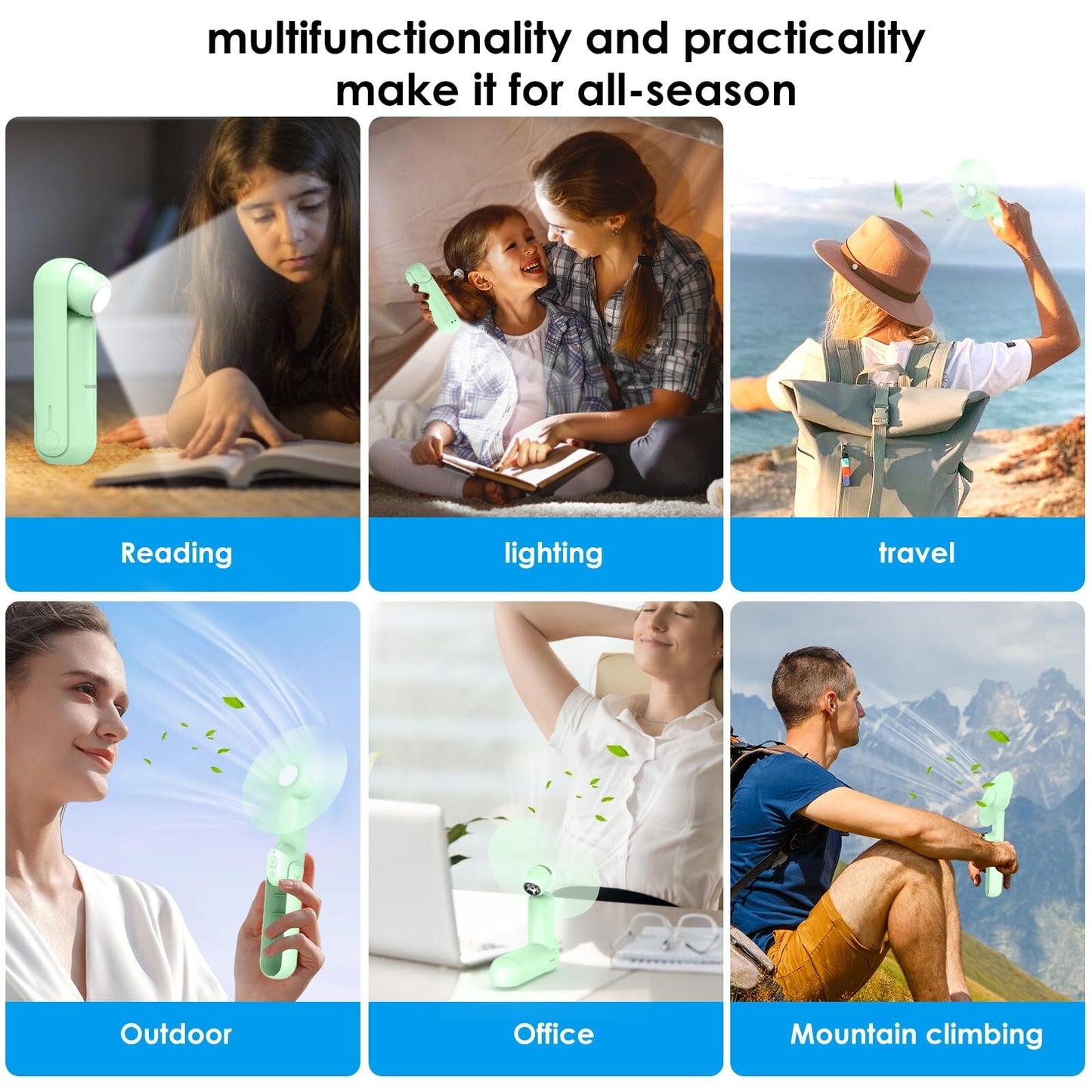 4 IN 1 Multifunction Mini Handheld Fan USB Portable Rechargeable Small Pocket Fan with Power Bank, Flashlight and Cell Phone Stands for Travel/Summer/Concerts/gifts
