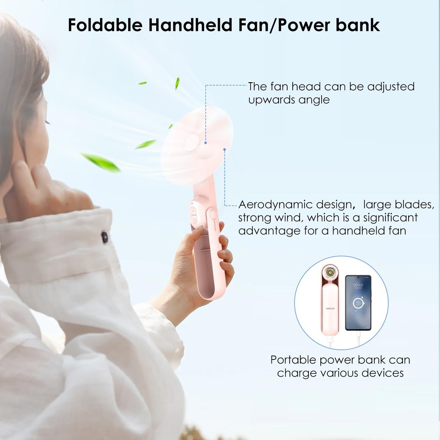 4 IN 1 Multifunction Mini Handheld Fan USB Portable Rechargeable Small Pocket Fan with Power Bank, Flashlight and Cell Phone Stands for Travel/Summer/Concerts/gifts