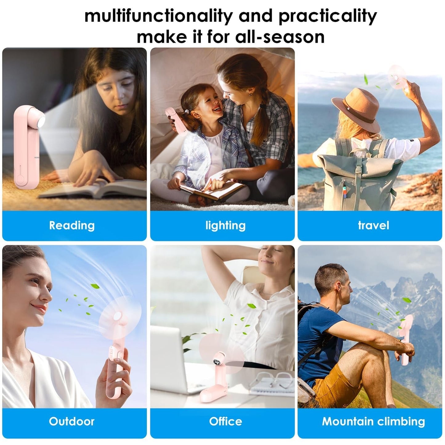 4 IN 1 Multifunction Mini Handheld Fan USB Portable Rechargeable Small Pocket Fan with Power Bank, Flashlight and Cell Phone Stands for Travel/Summer/Concerts/gifts