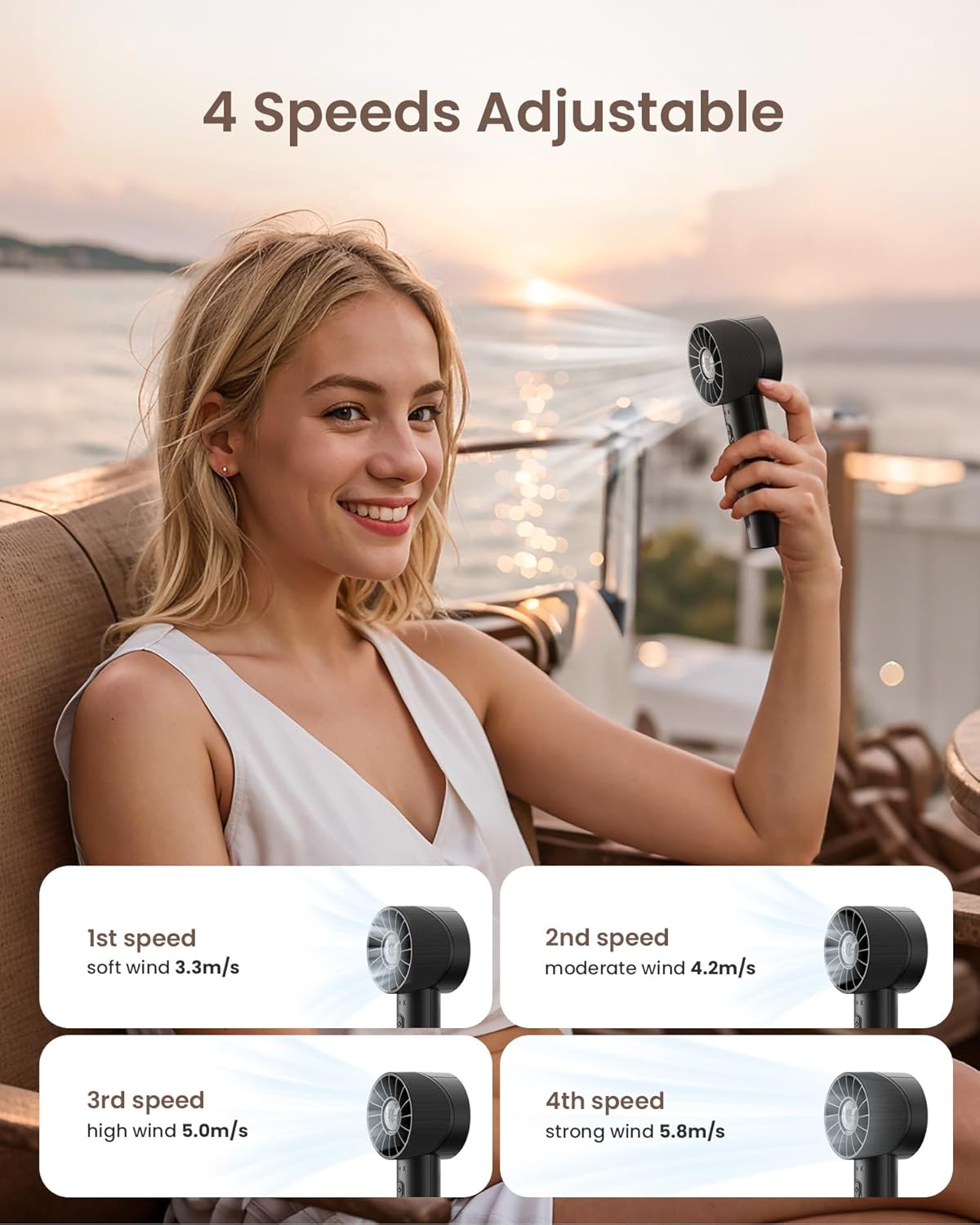 Mini Portable Handheld Turbo Fan 4 Speed High Velocity Personal Cooling Device Purse Travel Essential for Vacation/Beach/Trip