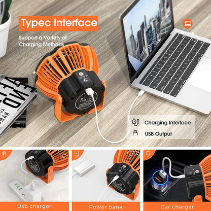 180°Head Rotation Camping Fan with LED Lantern USB Fan Outdoor Battery Powered Fan for Outdoor, Indoor, Office