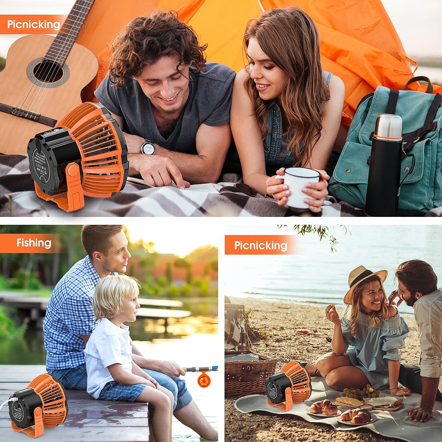 180°Head Rotation Camping Fan with LED Lantern USB Fan Outdoor Battery Powered Fan for Outdoor, Indoor, Office