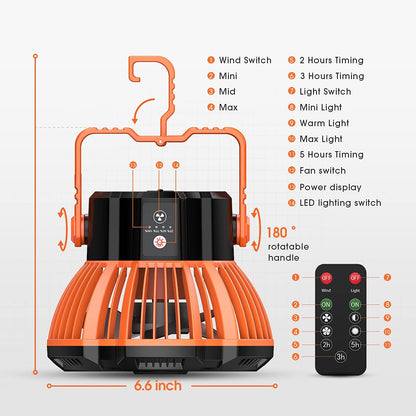 180°Head Rotation Camping Fan with LED Lantern USB Fan Outdoor Battery Powered Fan for Outdoor, Indoor, Office