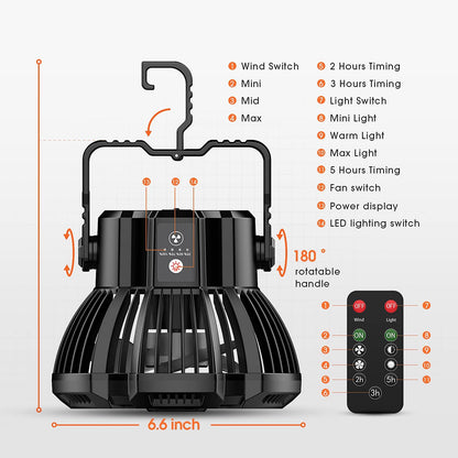 180°Head Rotation Camping Fan with LED Lantern USB Fan Outdoor Battery Powered Fan for Outdoor, Indoor, Office