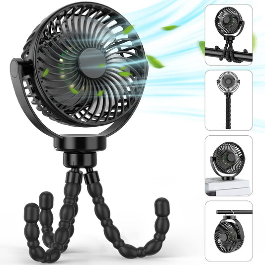 Mini Desk Hanging Fan Battery Rechargeable Personal Fan Baby Stroller Fan 5200mah with LED Lights for Stroller, Car Seat, Treadmill, Camping