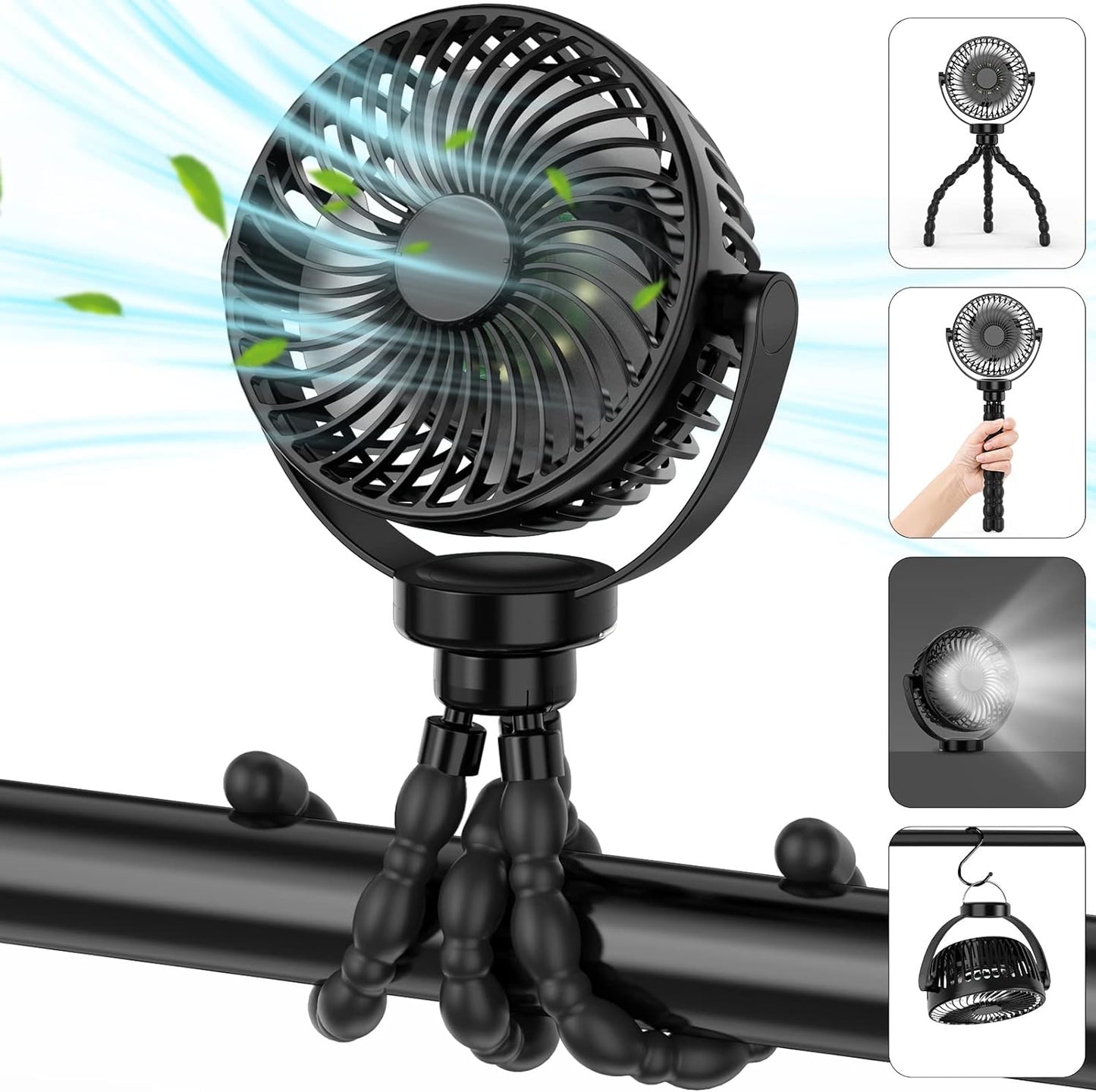 Mini Desk Hanging Fan Battery Rechargeable Personal Fan Baby Stroller Fan 5200mah with LED Lights for Stroller, Car Seat, Treadmill, Camping