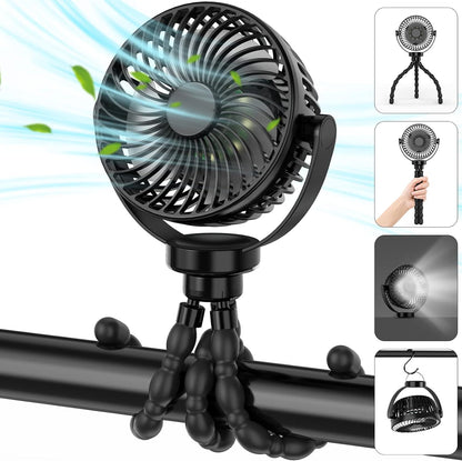 Mini Desk Hanging Fan Battery Rechargeable Personal Fan Baby Stroller Fan 5200mah with LED Lights for Stroller, Car Seat, Treadmill, Camping