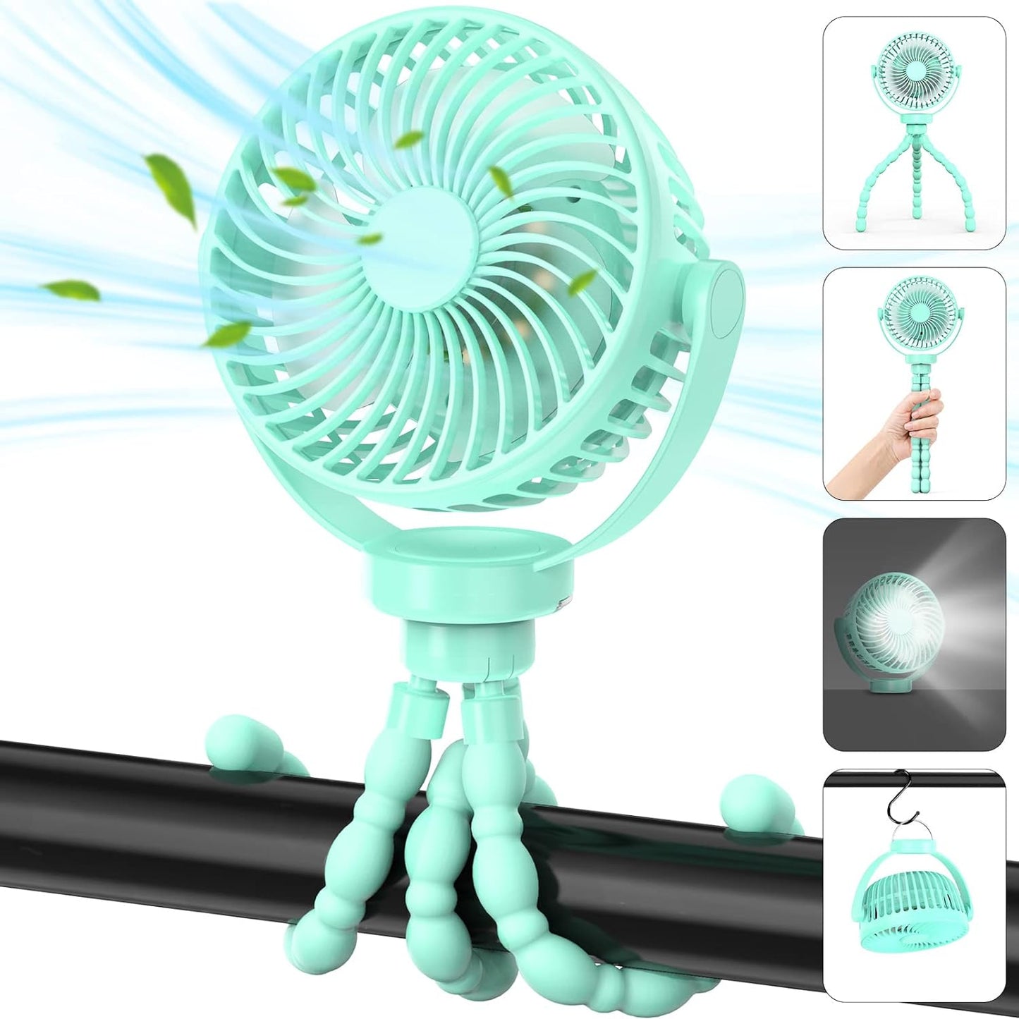 Mini Desk Hanging Fan Battery Rechargeable Personal Fan Baby Stroller Fan 5200mah with LED Lights for Stroller, Car Seat, Treadmill, Camping