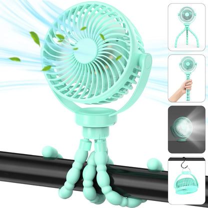 Mini Desk Hanging Fan Battery Rechargeable Personal Fan Baby Stroller Fan 5200mah with LED Lights for Stroller, Car Seat, Treadmill, Camping