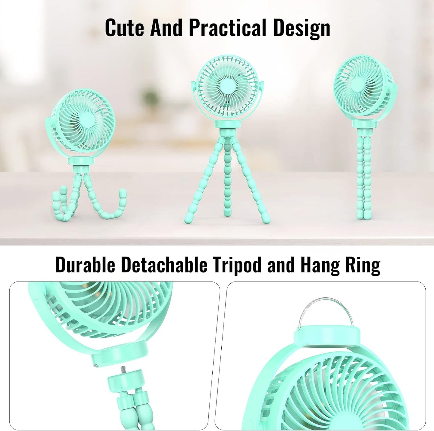 Mini Desk Hanging Fan Battery Rechargeable Personal Fan Baby Stroller Fan 5200mah with LED Lights for Stroller, Car Seat, Treadmill, Camping