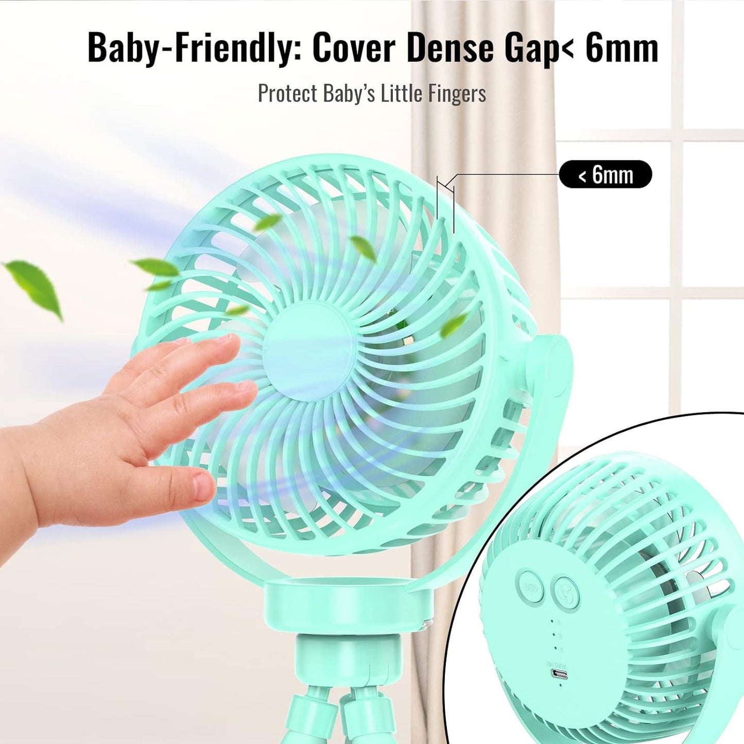 Mini Desk Hanging Fan Battery Rechargeable Personal Fan Baby Stroller Fan 5200mah with LED Lights for Stroller, Car Seat, Treadmill, Camping