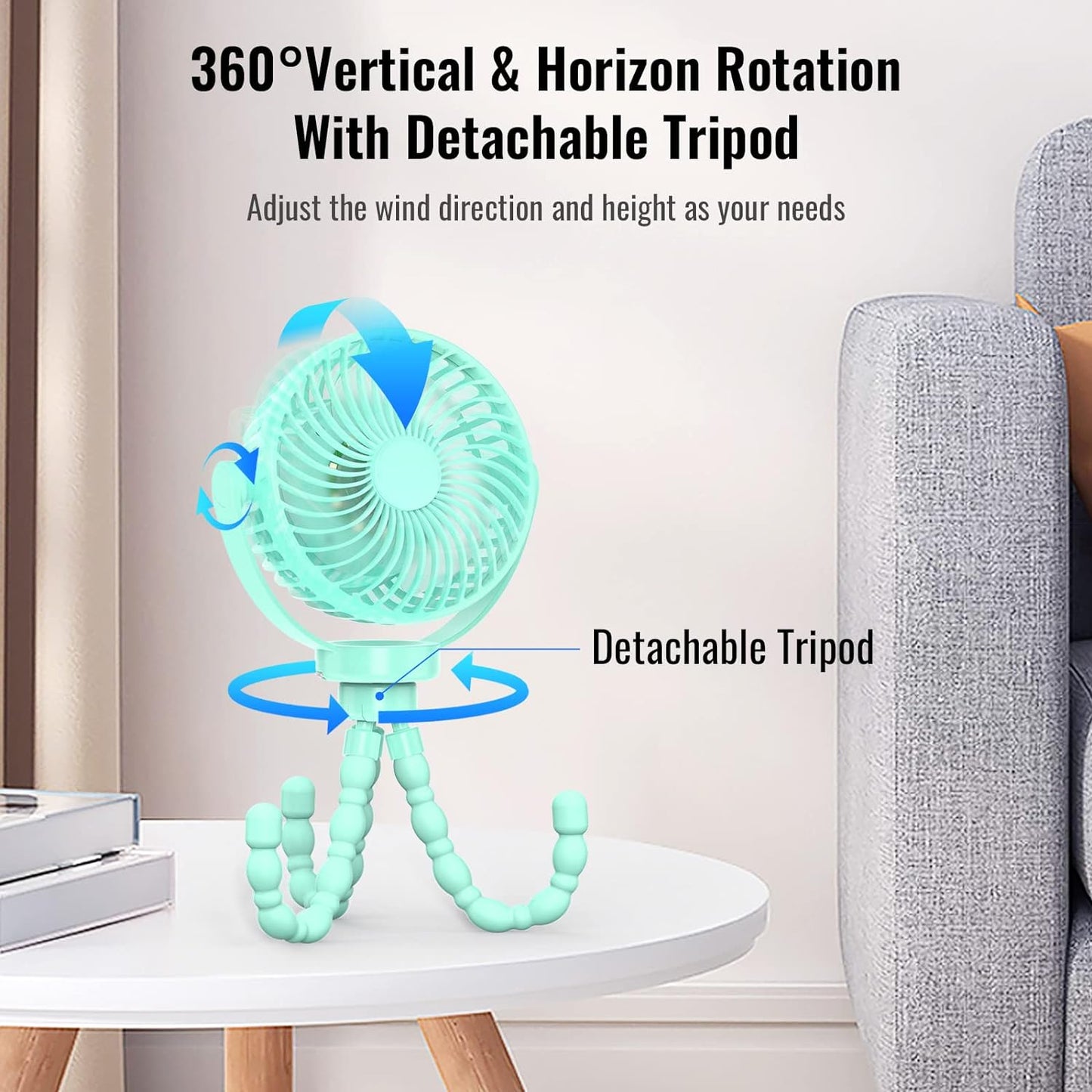 Mini Desk Hanging Fan Battery Rechargeable Personal Fan Baby Stroller Fan 5200mah with LED Lights for Stroller, Car Seat, Treadmill, Camping