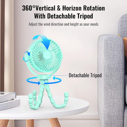 Mini Desk Hanging Fan Battery Rechargeable Personal Fan Baby Stroller Fan 5200mah with LED Lights for Stroller, Car Seat, Treadmill, Camping