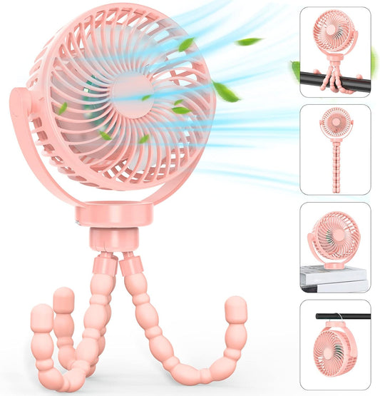 Mini Desk Hanging Fan Battery Rechargeable Personal Fan Baby Stroller Fan 5200mah with LED Lights for Stroller, Car Seat, Treadmill, Camping