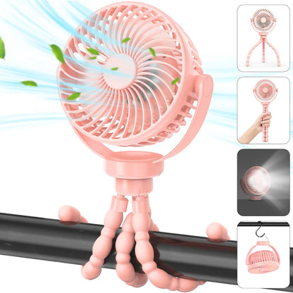 Mini Desk Hanging Fan Battery Rechargeable Personal Fan Baby Stroller Fan 5200mah with LED Lights for Stroller, Car Seat, Treadmill, Camping