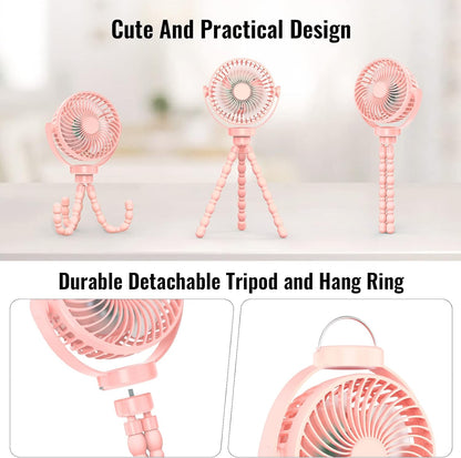 Mini Desk Hanging Fan Battery Rechargeable Personal Fan Baby Stroller Fan 5200mah with LED Lights for Stroller, Car Seat, Treadmill, Camping