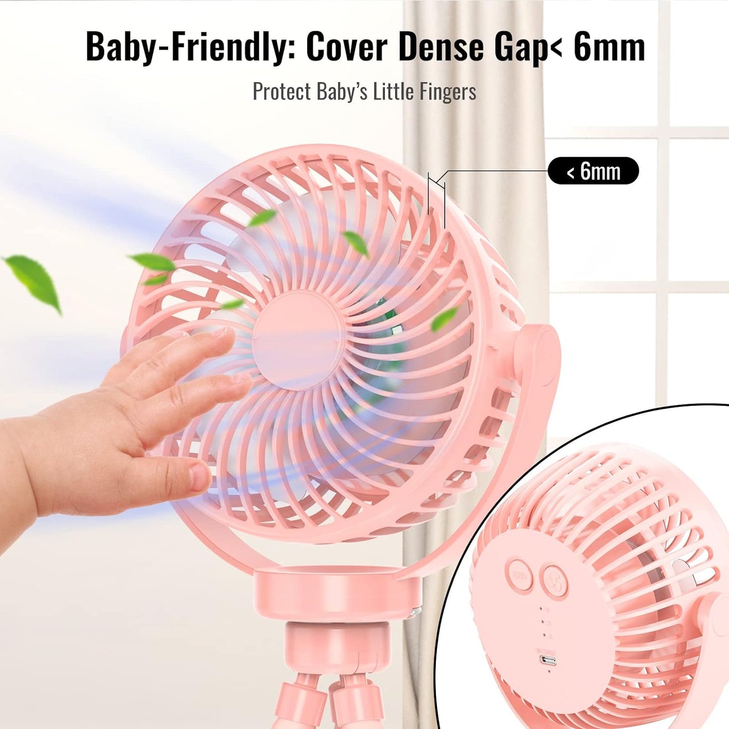 Mini Desk Hanging Fan Battery Rechargeable Personal Fan Baby Stroller Fan 5200mah with LED Lights for Stroller, Car Seat, Treadmill, Camping