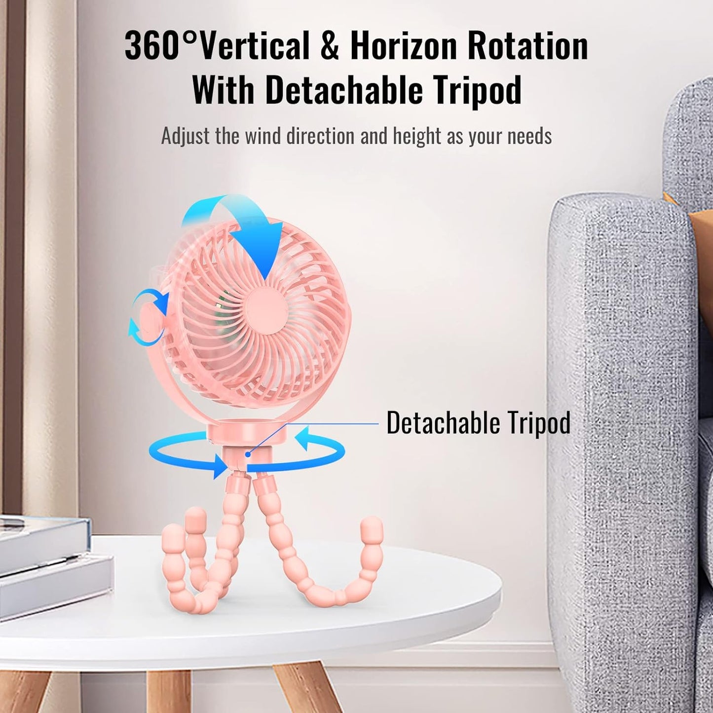 Mini Desk Hanging Fan Battery Rechargeable Personal Fan Baby Stroller Fan 5200mah with LED Lights for Stroller, Car Seat, Treadmill, Camping