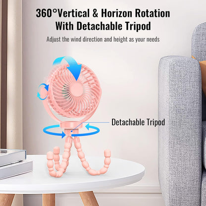 Mini Desk Hanging Fan Battery Rechargeable Personal Fan Baby Stroller Fan 5200mah with LED Lights for Stroller, Car Seat, Treadmill, Camping
