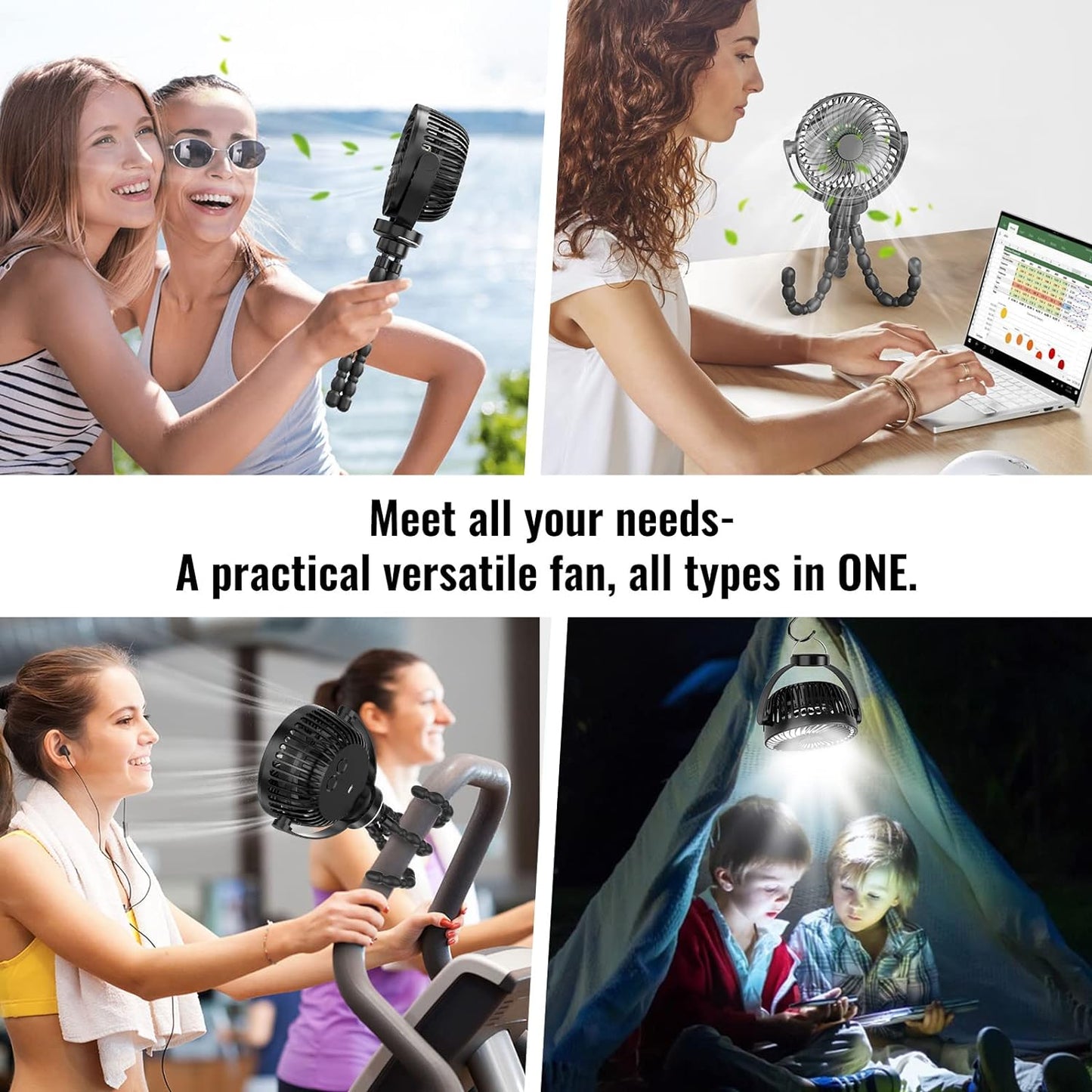 Mini Desk Hanging Fan Battery Rechargeable Personal Fan Baby Stroller Fan 5200mah with LED Lights for Stroller, Car Seat, Treadmill, Camping