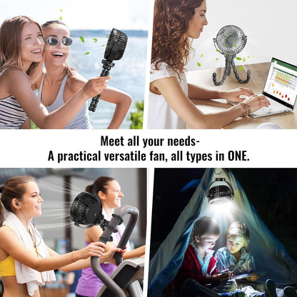 Mini Desk Hanging Fan Battery Rechargeable Personal Fan Baby Stroller Fan 5200mah with LED Lights for Stroller, Car Seat, Treadmill, Camping