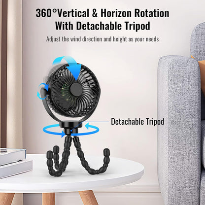 Mini Desk Hanging Fan Battery Rechargeable Personal Fan Baby Stroller Fan 5200mah with LED Lights for Stroller, Car Seat, Treadmill, Camping