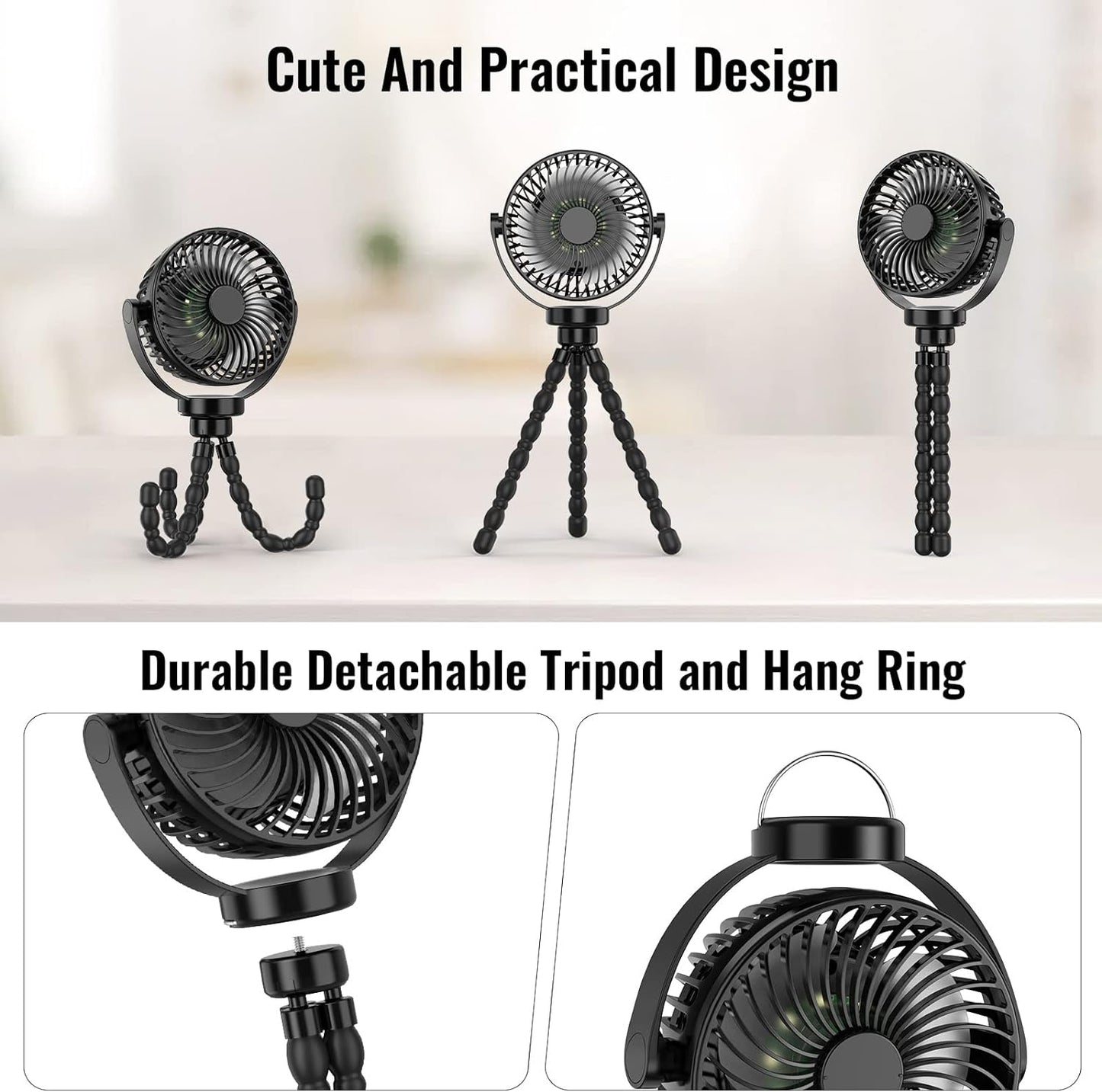 Mini Desk Hanging Fan Battery Rechargeable Personal Fan Baby Stroller Fan 5200mah with LED Lights for Stroller, Car Seat, Treadmill, Camping