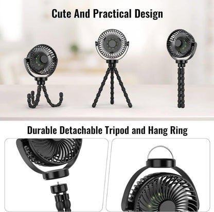 Mini Desk Hanging Fan Battery Rechargeable Personal Fan Baby Stroller Fan 5200mah with LED Lights for Stroller, Car Seat, Treadmill, Camping