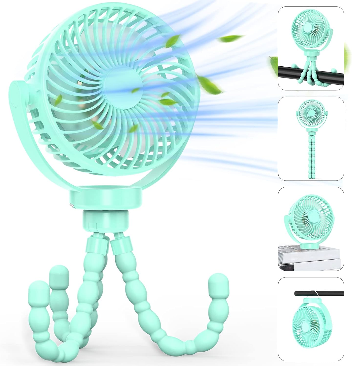 Mini Desk Hanging Fan Battery Rechargeable Personal Fan Baby Stroller Fan 5200mah with LED Lights for Stroller, Car Seat, Treadmill, Camping