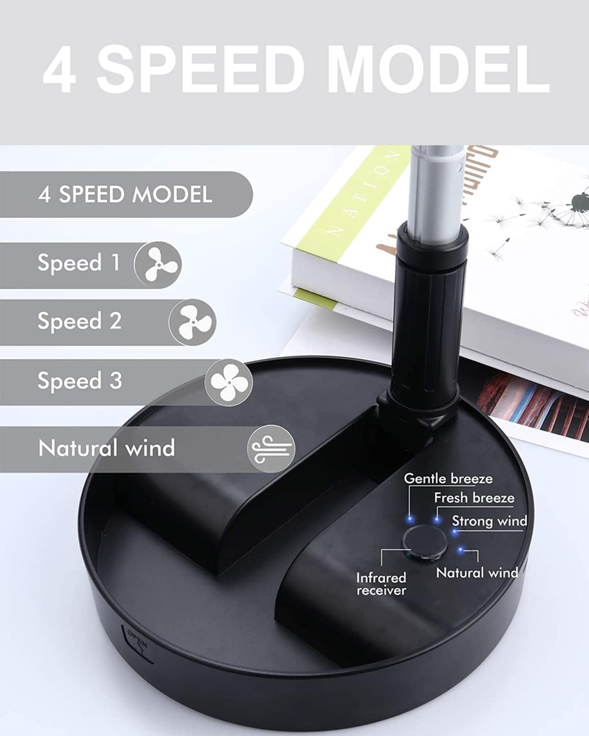 Portable Foldable Desk Table Travel Fans Battery Operated Fan USB Powered Adjustable Height Remote Control Timer 4 Speed Settings Fans