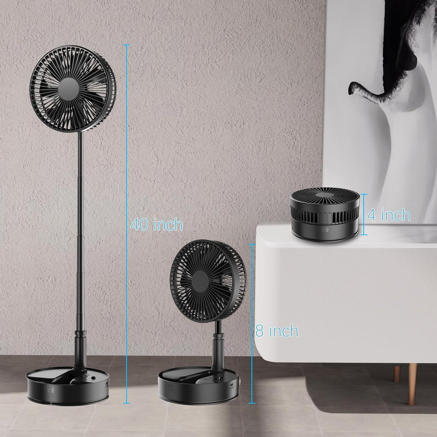 Portable Foldable Desk Table Travel Fans Battery Operated Fan USB Powered Adjustable Height Remote Control Timer 4 Speed Settings Fans