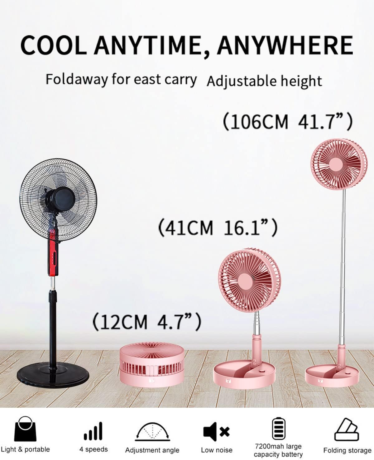 Portable Foldable Desk Table Travel Fans Battery Operated Fan USB Powered Adjustable Height Remote Control Timer 4 Speed Settings Fans