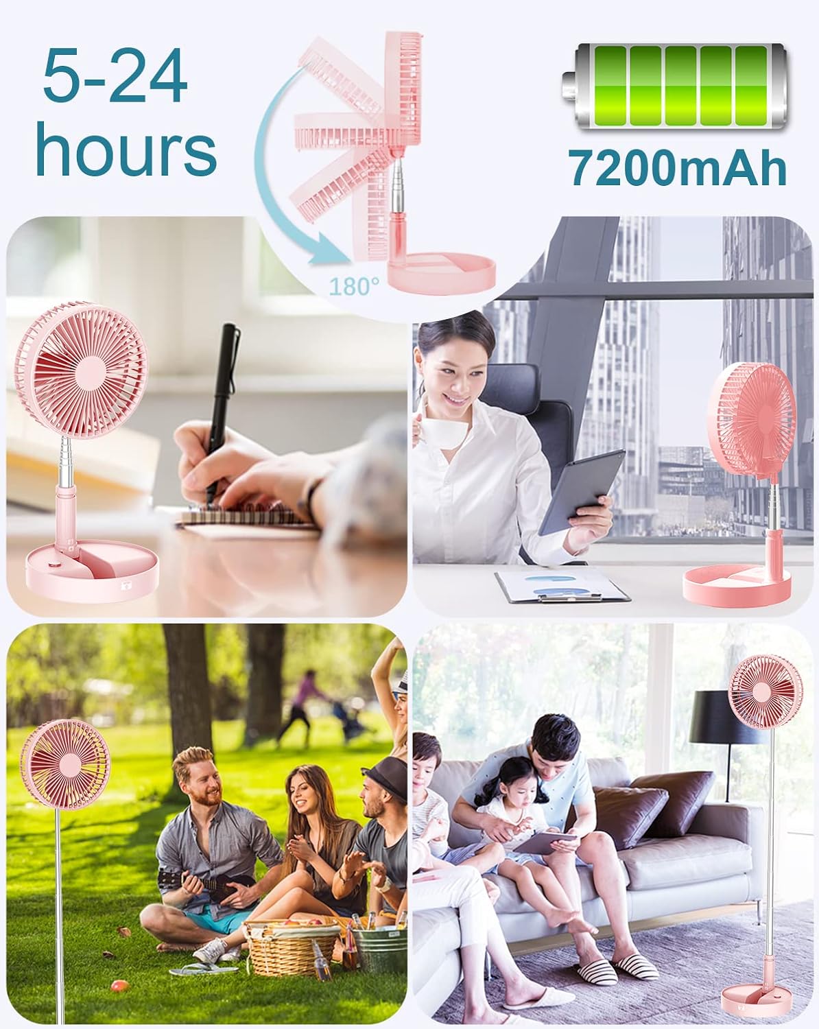 Portable Foldable Desk Table Travel Fans Battery Operated Fan USB Powered Adjustable Height Remote Control Timer 4 Speed Settings Fans
