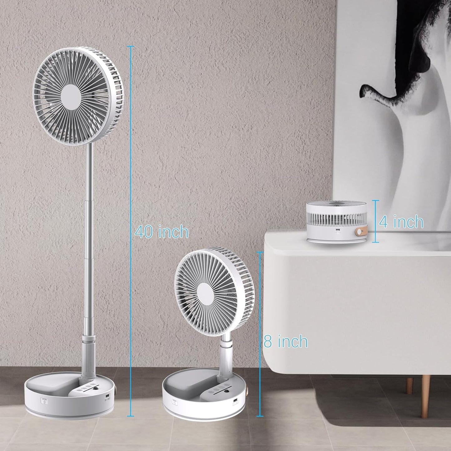 Portable Foldable Desk Table Travel Fans Battery Operated Fan USB Powered Adjustable Height Remote Control Timer 4 Speed Settings Fans