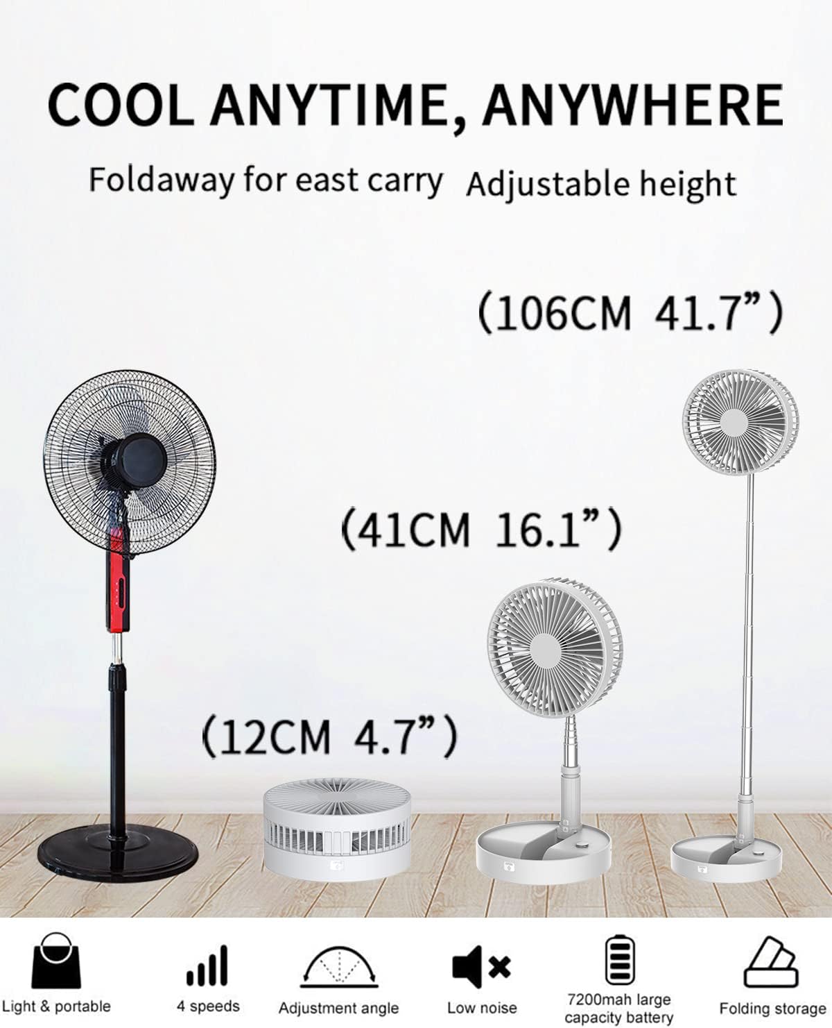 Portable Foldable Desk Table Travel Fans Battery Operated Fan USB Powered Adjustable Height Remote Control Timer 4 Speed Settings Fans