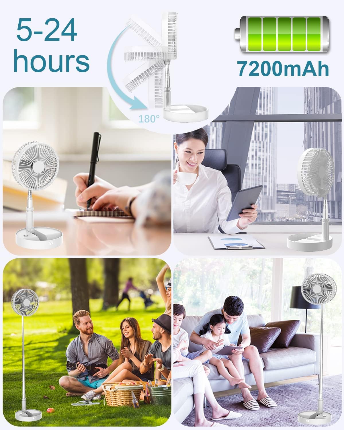 Portable Foldable Desk Table Travel Fans Battery Operated Fan USB Powered Adjustable Height Remote Control Timer 4 Speed Settings Fans
