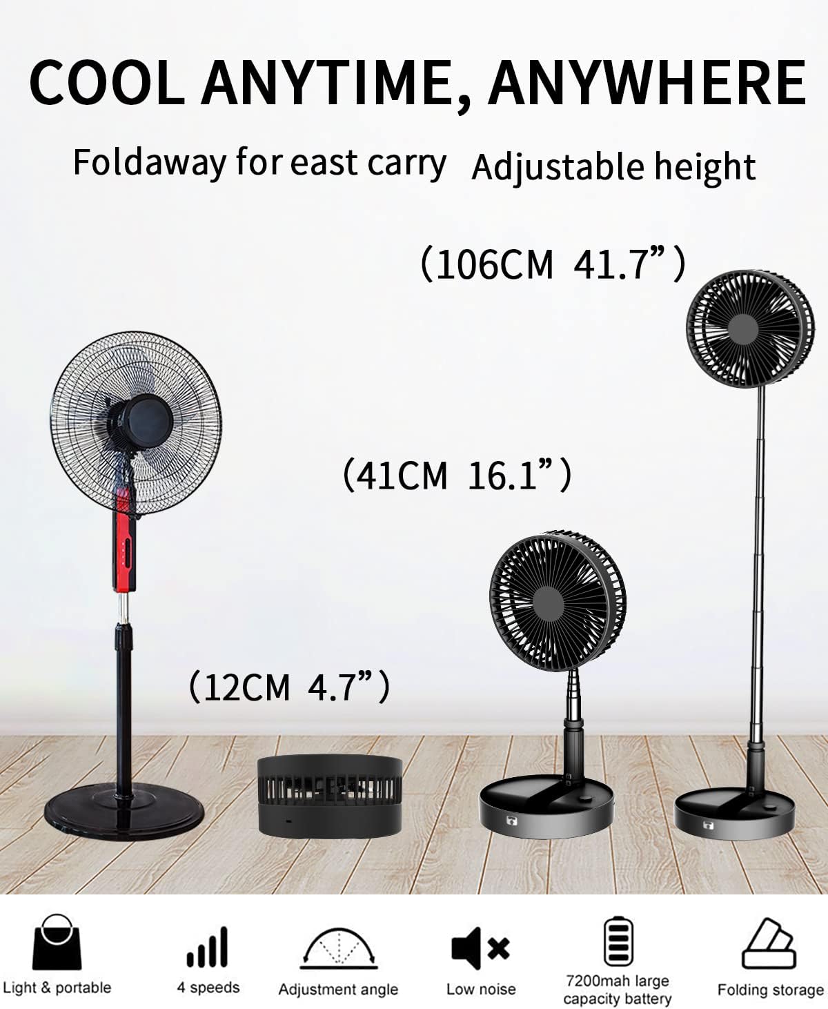 Portable Foldable Desk Table Travel Fans Battery Operated Fan USB Powered Adjustable Height Remote Control Timer 4 Speed Settings Fans