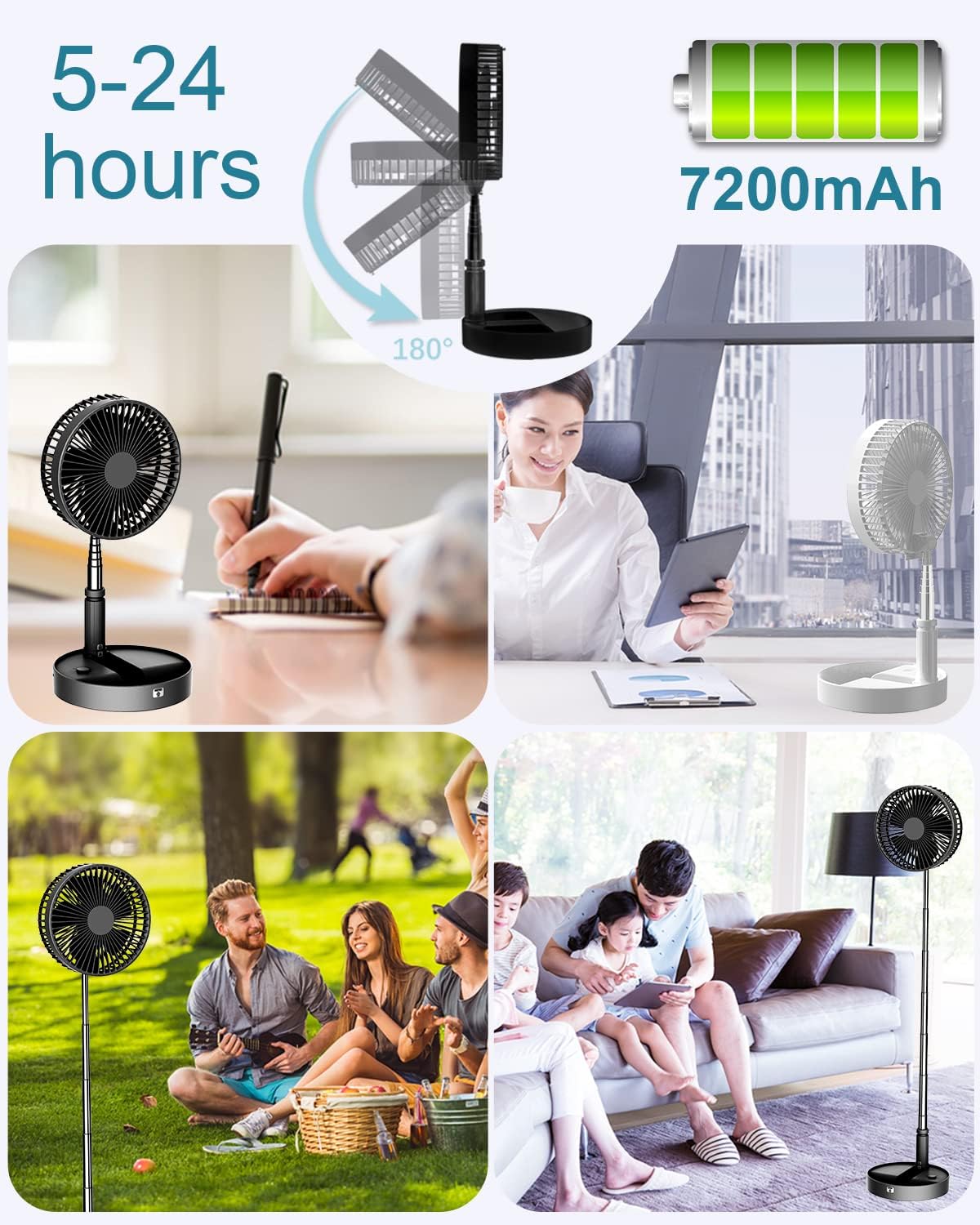 Portable Foldable Desk Table Travel Fans Battery Operated Fan USB Powered Adjustable Height Remote Control Timer 4 Speed Settings Fans