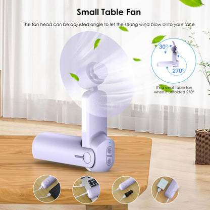 4 IN 1 Multifunction Mini Handheld Fan USB Portable Rechargeable Small Pocket Fan with Power Bank, Flashlight and Cell Phone Stands for Travel/Summer/Concerts/gifts