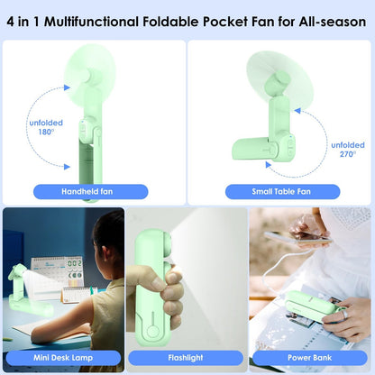 4 IN 1 Multifunction Mini Handheld Fan USB Portable Rechargeable Small Pocket Fan with Power Bank, Flashlight and Cell Phone Stands for Travel/Summer/Concerts/gifts