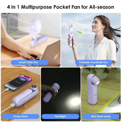 4 IN 1 Multifunction Mini Handheld Fan USB Portable Rechargeable Small Pocket Fan with Power Bank, Flashlight and Cell Phone Stands for Travel/Summer/Concerts/gifts