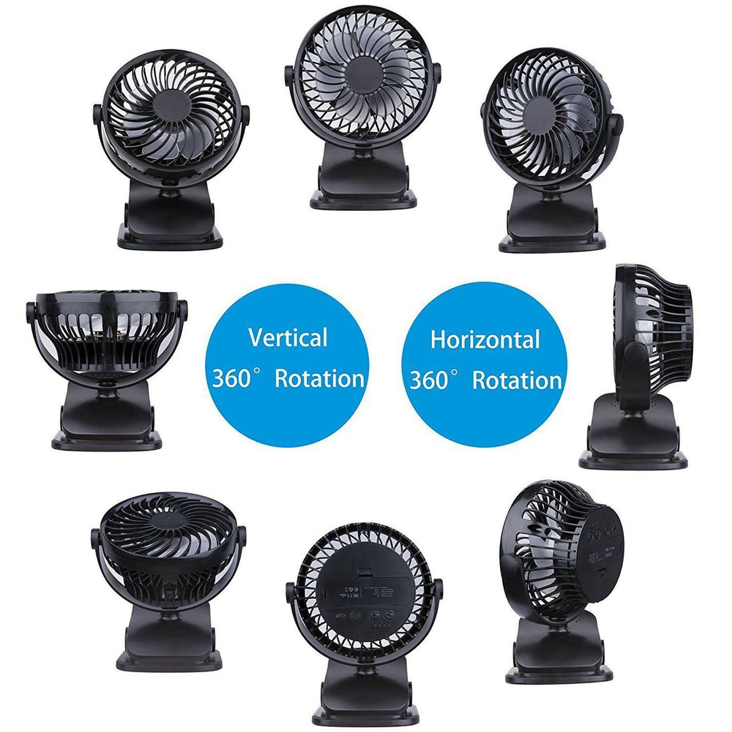 360° Degree Rotation Portable Clip Fan 4 Speed Rechargeable Battery Clip On Desk