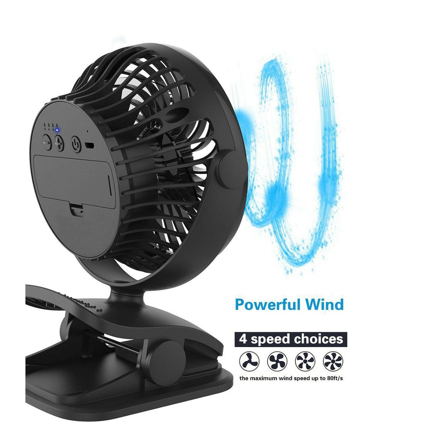 360° Degree Rotation Portable Clip Fan 4 Speed Rechargeable Battery Clip On Desk